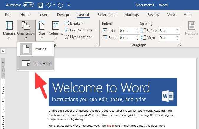 how to turn a page landscape microsoft word