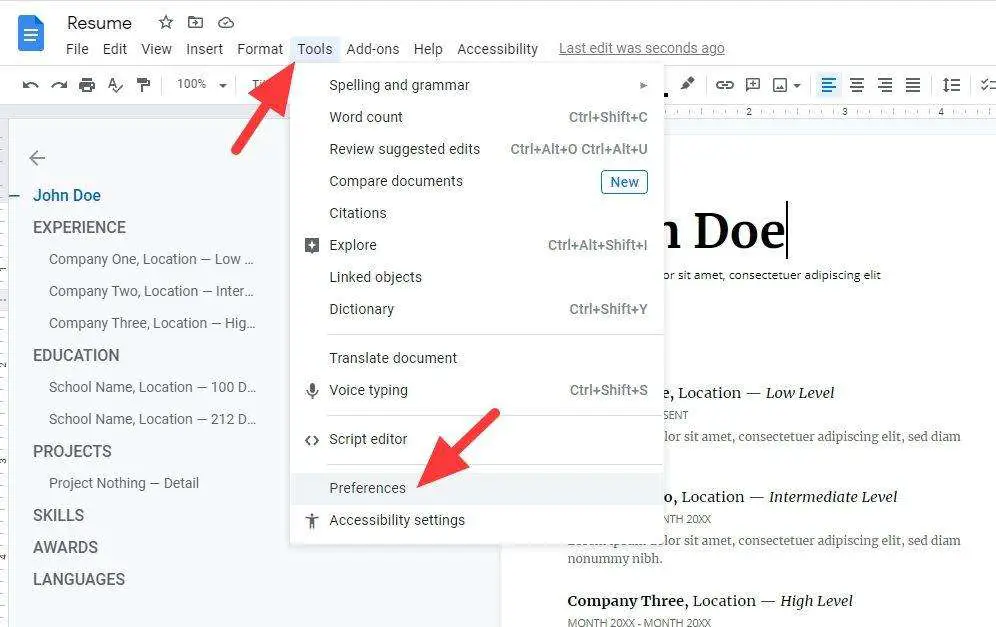 tools preferences How to Enable Autocorrect on Google Docs as You Typing