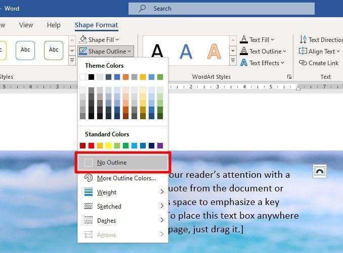 shape outline no outline How to Write Text on Top of a Picture in Microsoft Word
