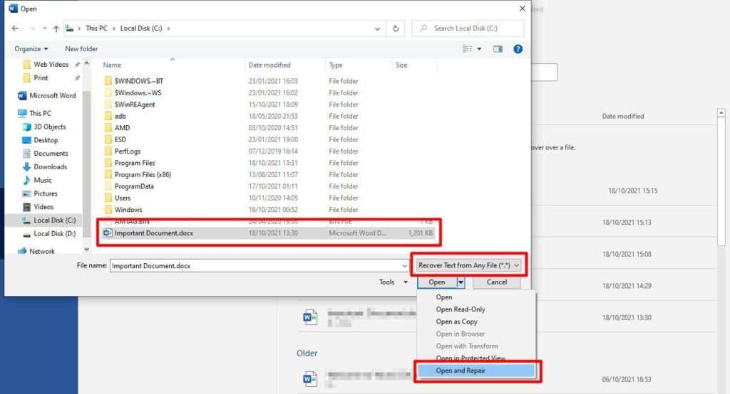 open and repair How to Recover Permanently Deleted Word Document from Computer