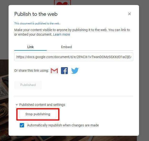 stop publishing How to Share a Google Docs Document to Public