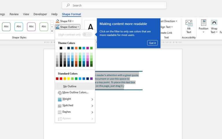 how to remove text box outline in word